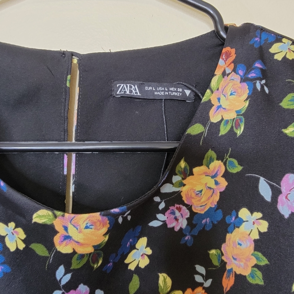 Zara Black Floral Satin Printed Summer Dress Large - Picture 5 of 9